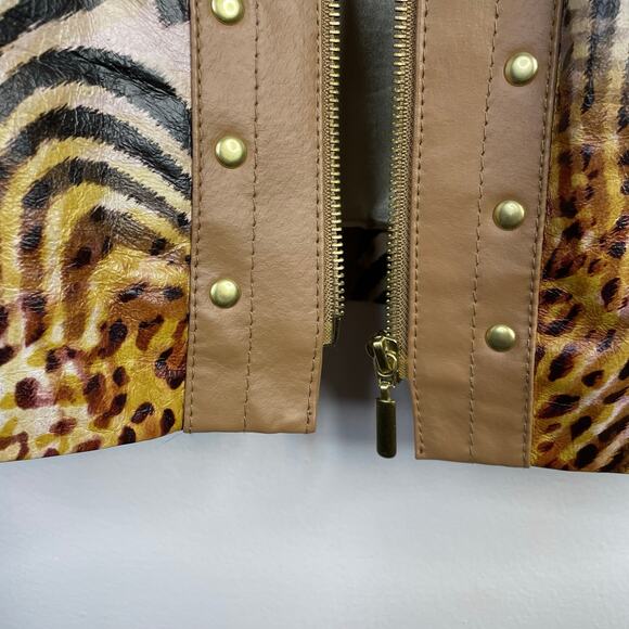 Sharif 1927 Tan Leather Mixed Animal Print Leather Mob Wife Moto Jacket womens S - Picture 5 of 14